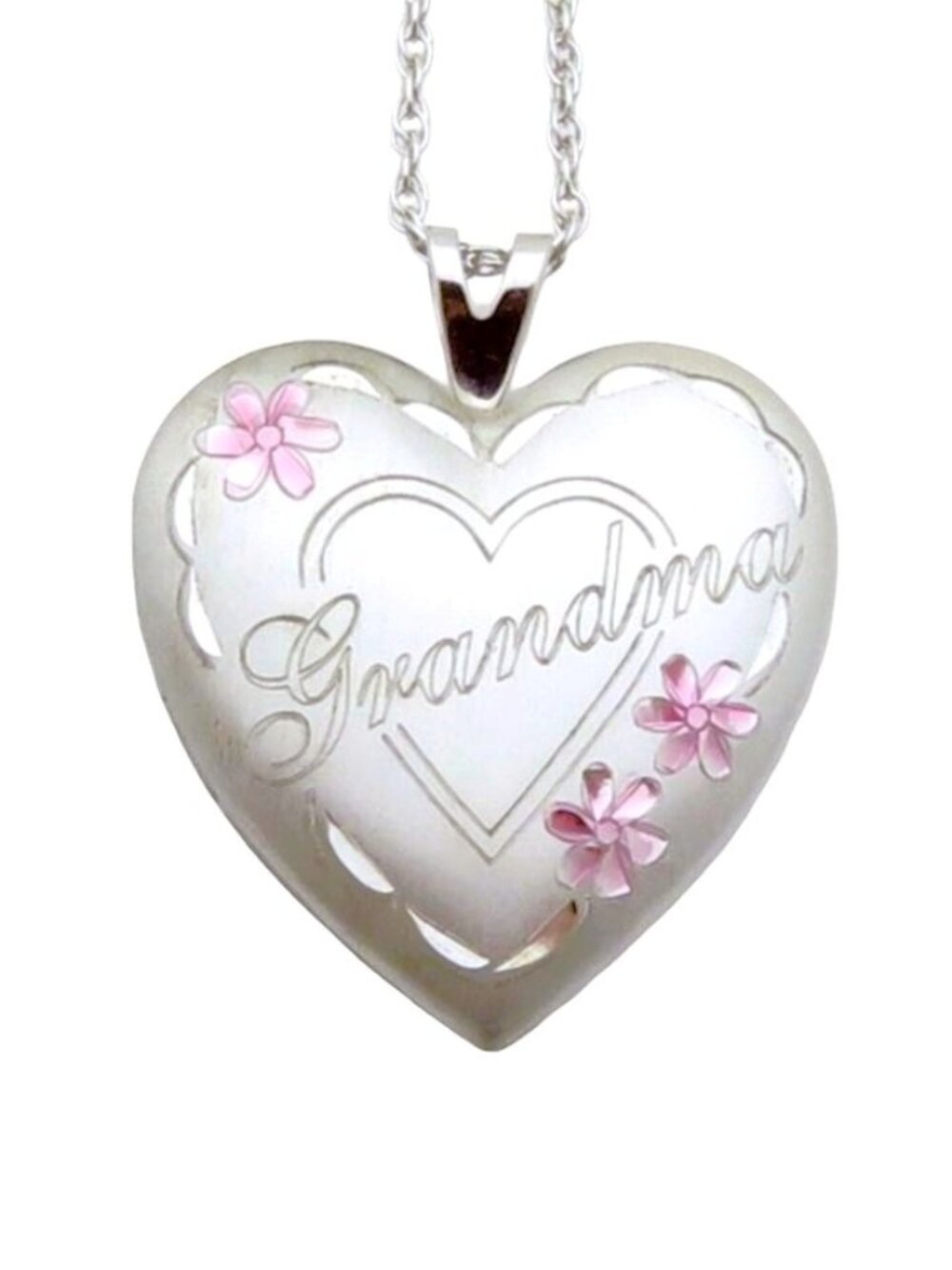 Vintage Sterling Silver Grandma Pink Flowers Love Heart Pendant Locket Necklace